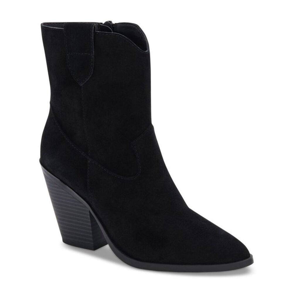 AQUA COLLEGE Womens Black Pull Tab Winder Toe Block Heel Leather Booties 7.5